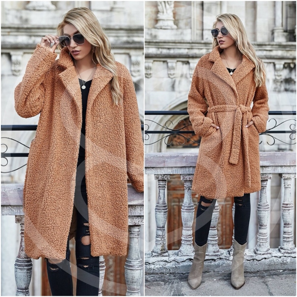 Camel fur long waist tie teddy jacket coat fall - Picture 1 of 2